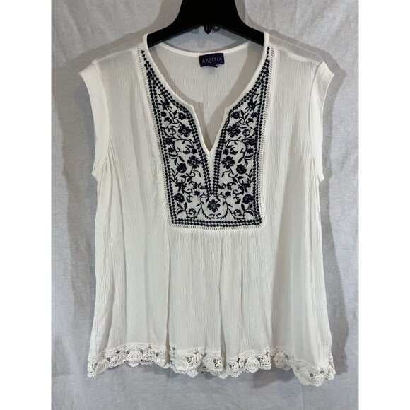 Artesia Women’s XL Short Sleeve White Embroidered Tunic With Crochet Trim - Picture 1 of 7